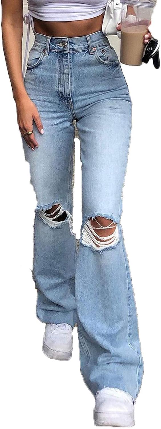 Women's Ripped Flare Bell Bottom Jeans Casual Loose Flared High Waisted