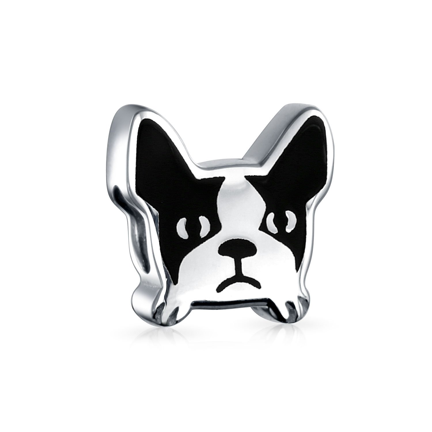 Bling Jewelry Pet Frenchie French Bulldog Dog Charm Bead For Women Teen Black White Enamel .925 Sterling Silver Fits European Charm Bracelet