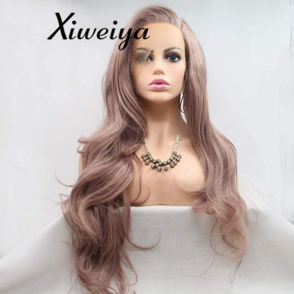 Xiweiya Long Wavy Wig - Light Pink Synthetic Lace Front Wig, Heat Resistant, 24" - Image 3