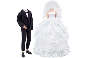 E-TING Wedding Set Beautiful Gown White Bride Dress Clothes with Veil and Groom Business Suit Outfit for Dolls（Doll Not Included）
