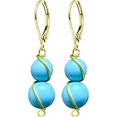 Natural Two Stone Beads Dangle Earrings,14K Yellow Gold Real Quartz Crystal Gemstone Drop Earrings Beading Jewelry for Women