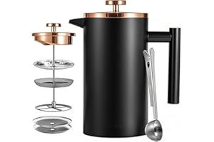 Meelio French Press Coffee Maker 34oz, Stainless Steel Double Wall Insulated Coffee Press 1L / 8 Cup with Rose Gold Metal Lid