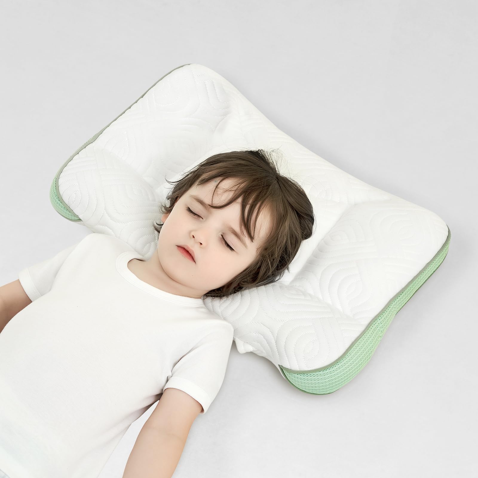 Photo 1 of RESTIRY Toddler Pillow 2-6 Year Old,PP Cotton Kids Pillow for Sleeping,Partially Filled PE Hose,Supports Cervical Vertebrae,Kids Pillow for Side Sleeper, Sleeping on The Back, Traveling (Green)