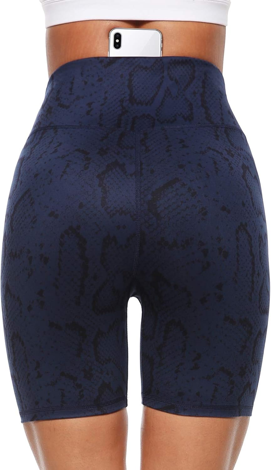 Persit Women's High Waist Print Workout Yoga Shorts with 2 Hidden Pockets, Non See-Through Tummy Control Athletic Shorts: Clothing