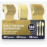 144 Pack Gold Premium Heavy Duty Plastic Silverware, 48 Forks, 48 Spoons, 48 Knives, For Catering, Parties, Dinners and Weddings, BPA-Free, Disposable Plastic Cutlery Set Utensils Set