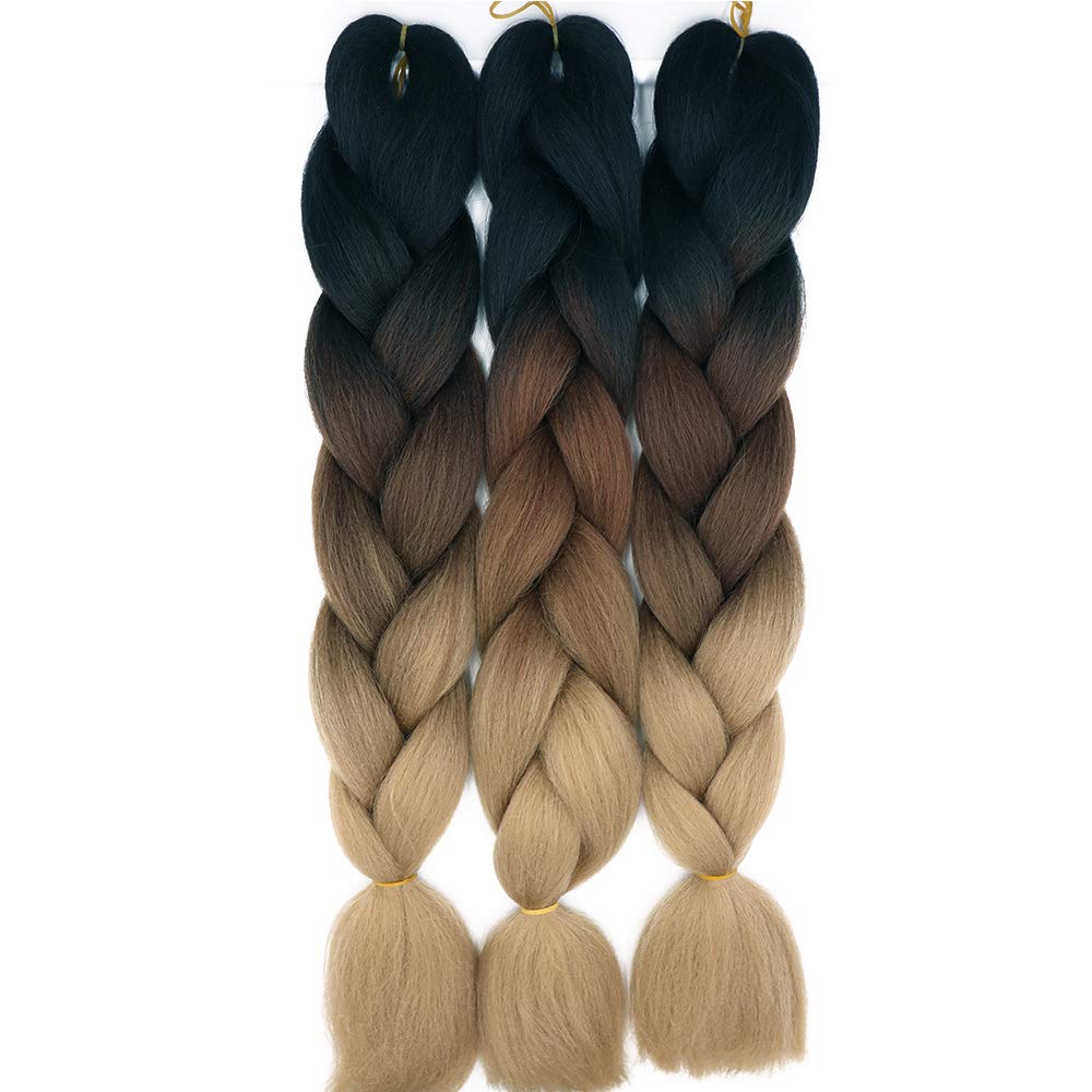 24" Braiding Hair Extension Jumbo Braids Synthetic 3bundles/pack Crochet Hair Afro Box Braid Heat Resistent (Black&Dark Brown&Light Brown) โ image 1