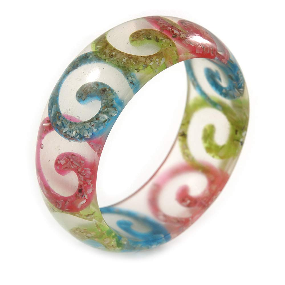 Avalaya Multicoloured Swirl Motif Acrylic Bangle Bracelet (Transparent) - Medium Size - up to 18cm L