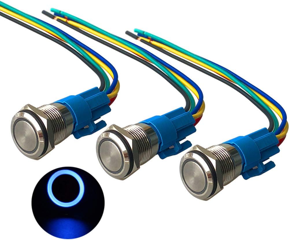 QitinDasen 3Pcs Premium 12V/24V 5A Momentary Push Button Switch, 16mm Car Ignition Starter Switch