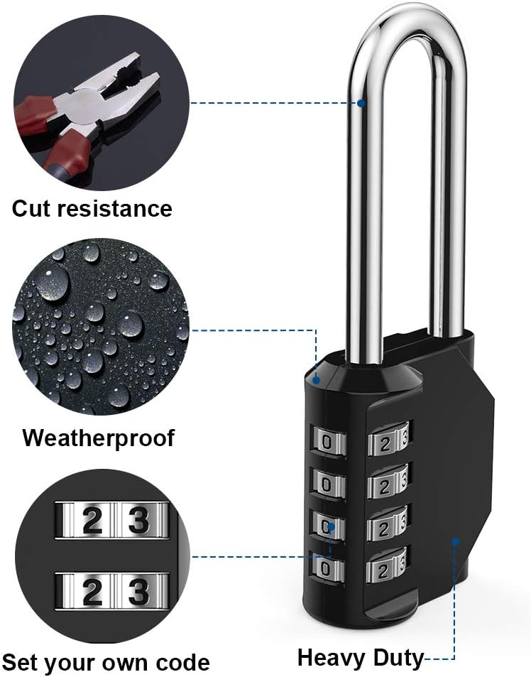 Combination Lock, TOWOKE 2 Pack 2.5 Inch Combo Locks, 4 Digit Long Shackle Waterproof Padlocks for Outdoor Use, Fence, Backyard Gate, Gym Locker, Shed, Hasp Storage, Black - - 