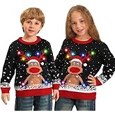 Ugly Christmas Sweater Kids,Light Up Funny Christmas Sweater Boys Girls 4-13T,Holiday Cute Red Reindeer Xmas Ugly Sweaters