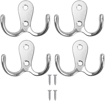 DDSHUN 4 Pieces Double Prong Robe Hooks Metal Coat Hangers 8 Screws