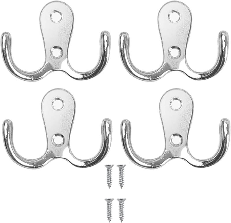 SoftcuteLee Double Prong Coat Hook Wall Mounted 4Pcs Silver