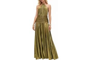 Formal Evening Dresses for Women Metallic Halter Neck Sleeveless Backless Long Dress with Pleated Slit for Parties