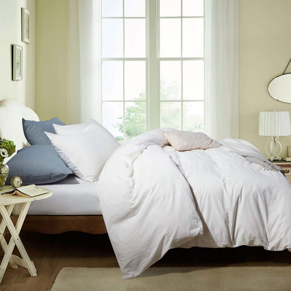 ATsense Duvet Cover Queen, 100% Washed Cotton, 3-Piece Bedding Comforter Cover Set, Simple Style Farmhouse Bedding Set with Zipper Closure&Corner Ties(Ivory White 7064)