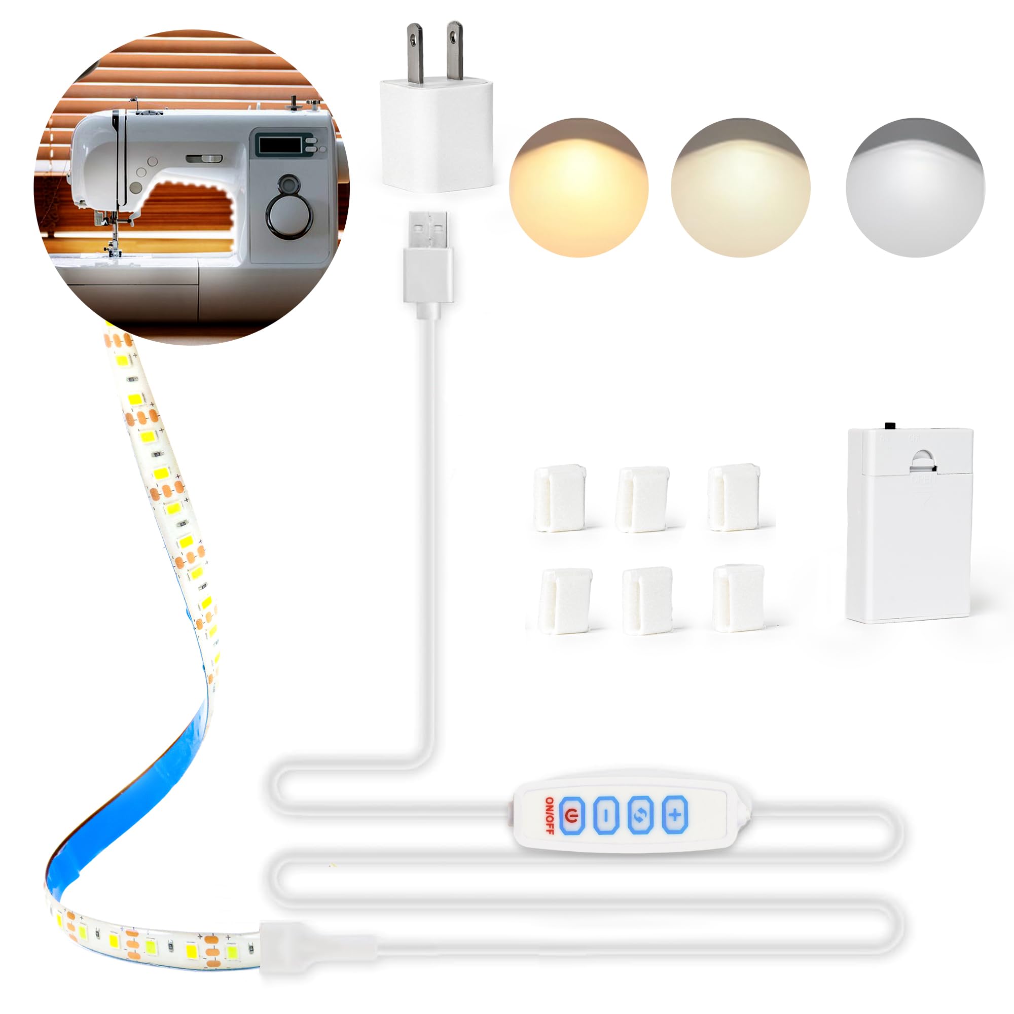Photo 1 of DOPLOEU Sewing Machine Light Strip -11.8in Flexible LED Sewing Lights with Battery Powered and USB, Dimmable 3000K-6500K (Warm to Daylight White), Adhesive Back & Clips,3.3 Ft Power Cord