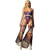 Holographic Rave Festival Set for Women – 3 Piece Mesh Bodysuit with Thigh-Highs & Flare Skirt Panels