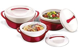 Pinnacle Casserole Dish - Large Soup and Salad Bowl Set - Insulated Serving Bowl with Lid - 3 Pc. Set Red