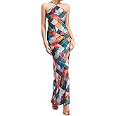 Women's Sexy Backless Halter Maxi Dress Sleeveless Slim Fit Bodycon Long Dress with Colorful Plaid Print for Party Clubwear