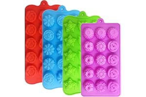 4 PACK Flower Shape Chocolate Candy Molds Set,DanziX Silicone 15 Cavity Baking Mold Ice Cube Tray for Wedding,Festival,Parties and DIY Crafts-Green,Blue,Red and Purple