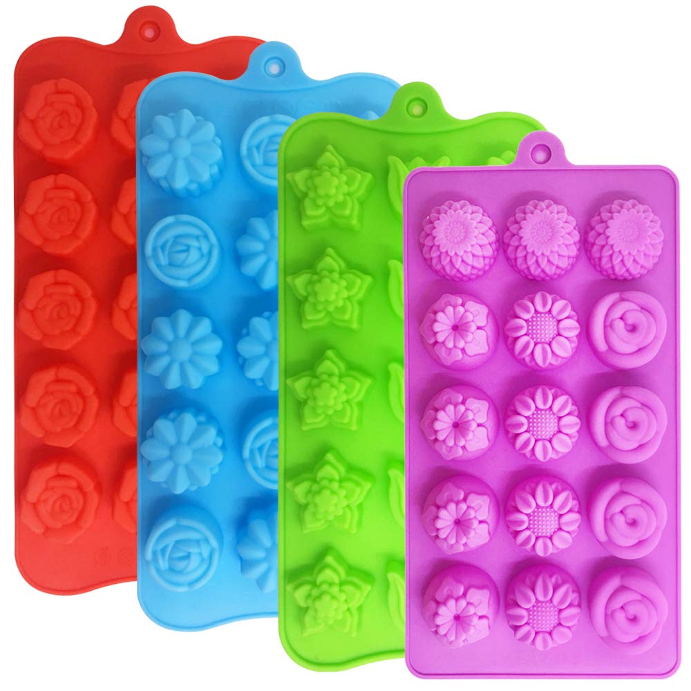Photo 1 of 4 PACK Flower Shape Chocolate Candy Molds Set,DanziX Silicone 15 Cavity Baking Mold Ice Cube Tray for Wedding,Festival,Parties and DIY Crafts-Green,Blue,Red and Purple