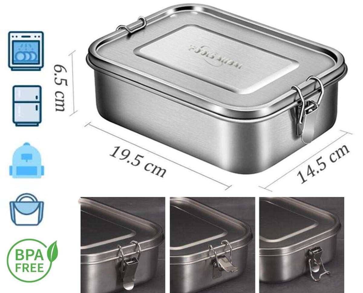 FOOLS ALIBAI Auslaufsichere Brotdose aus Edelstahl, Bento-Box, Metall-Lunchbehälter mit 3 Fächern, 1200 ml, für Kinder oder Erwachsene, sicher ohne Kunststoff & BPA (1.2L)