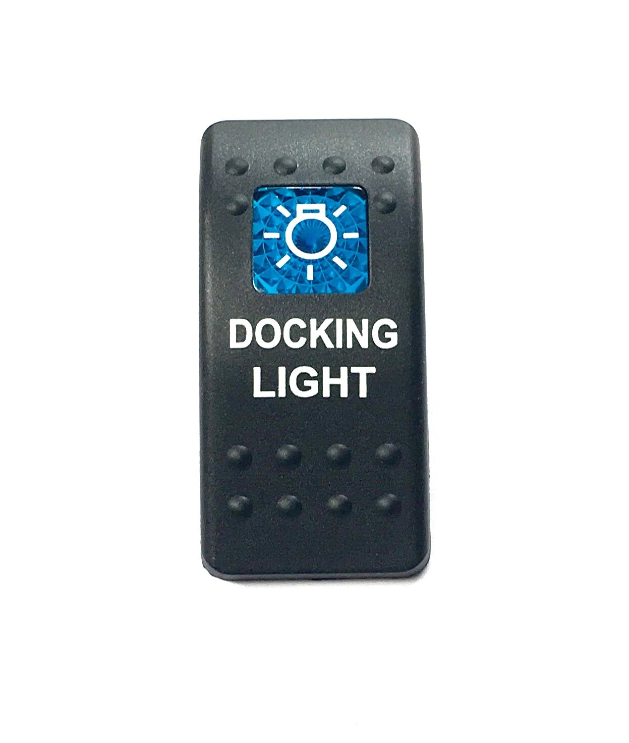 Euro Rocker Switch Cover with Text, Black with Blue Lens. Contura II, Fits Carling, Cole Hersee, Blue seas