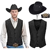 KAIPUTE Western Cowboy Costume Men's Vest Hat Belt for Adult Halloween Party Cosplay