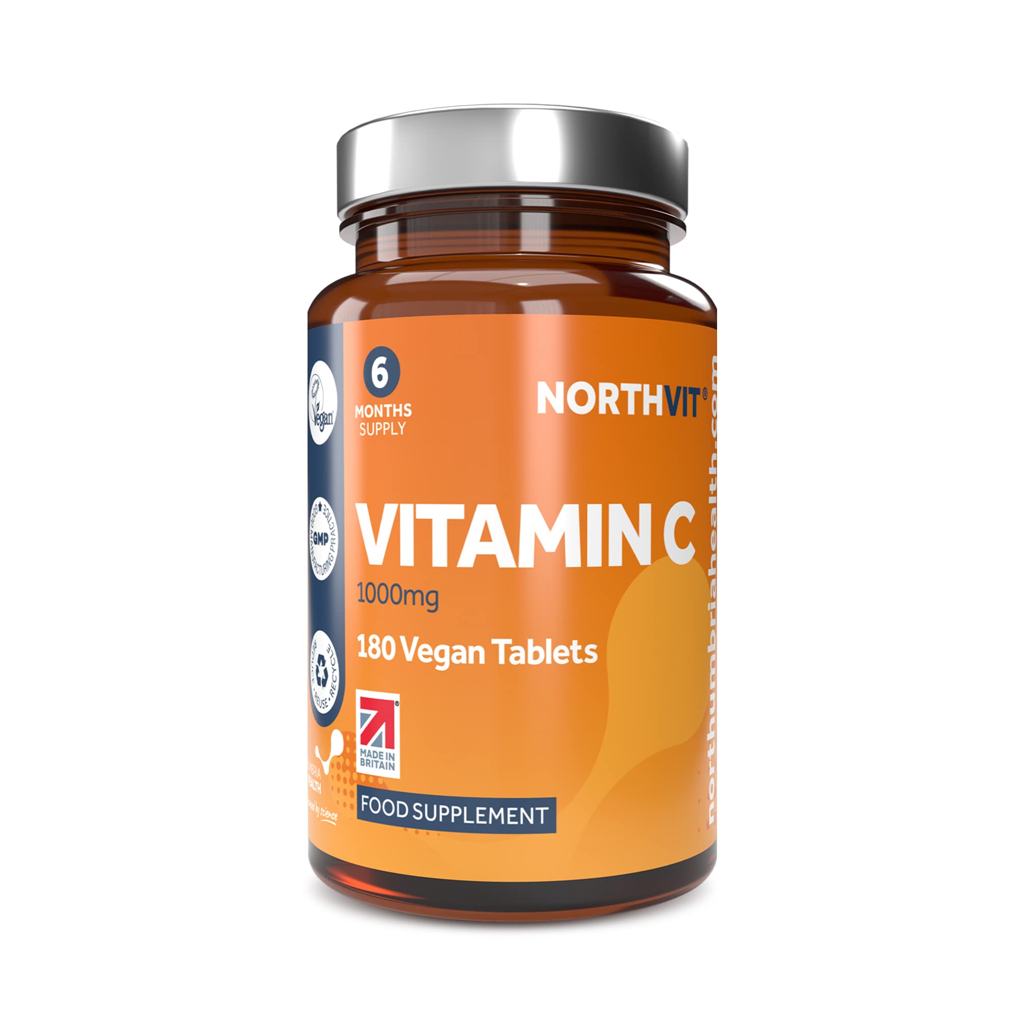 Northumbria Health Vitamin C 1000mg – 180 Vegan Tablets (6-Month Supply) – High Strength Immune & Collagen Support – Made in UK – GMO & Gluten Free