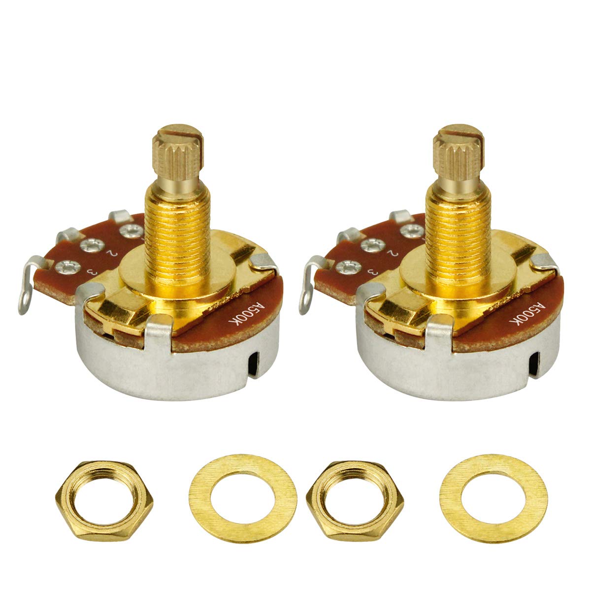 FLEOR 2PCS Full Size A500K Audio Taper Potentiometer Guitar Tone Volume Control Pots L18mm Gold-plated Copper Long Split Shaft