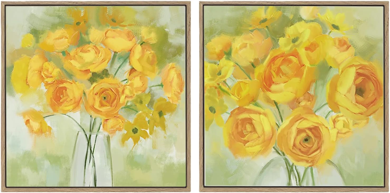 Paintings - Zessonic Yellow Flower Wall Art Set - Floral Canvas Wall Decor Yellow Rose Bouquets in Jar Artwork with Hand Embellishment for Bedroom Kitchen Living Room Office Decor
