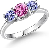 Gem Stone King 14K White Gold Pink Created Sapphire & Blue Tanzanite 3-Stone Engagement Ring | 1.15 Cttw | Round 5MM and 4MM | 3 Stone Wedding Anniversary Promise Ring For Women