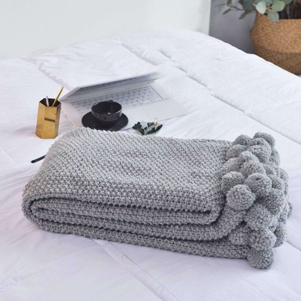 RZJF Knitted Throw Blanket, Soft Pompoms Fringe Knitted Throw Blanket for Watching TV Or Nap on Chair,Sofa And Bed 130X160cm,Gray