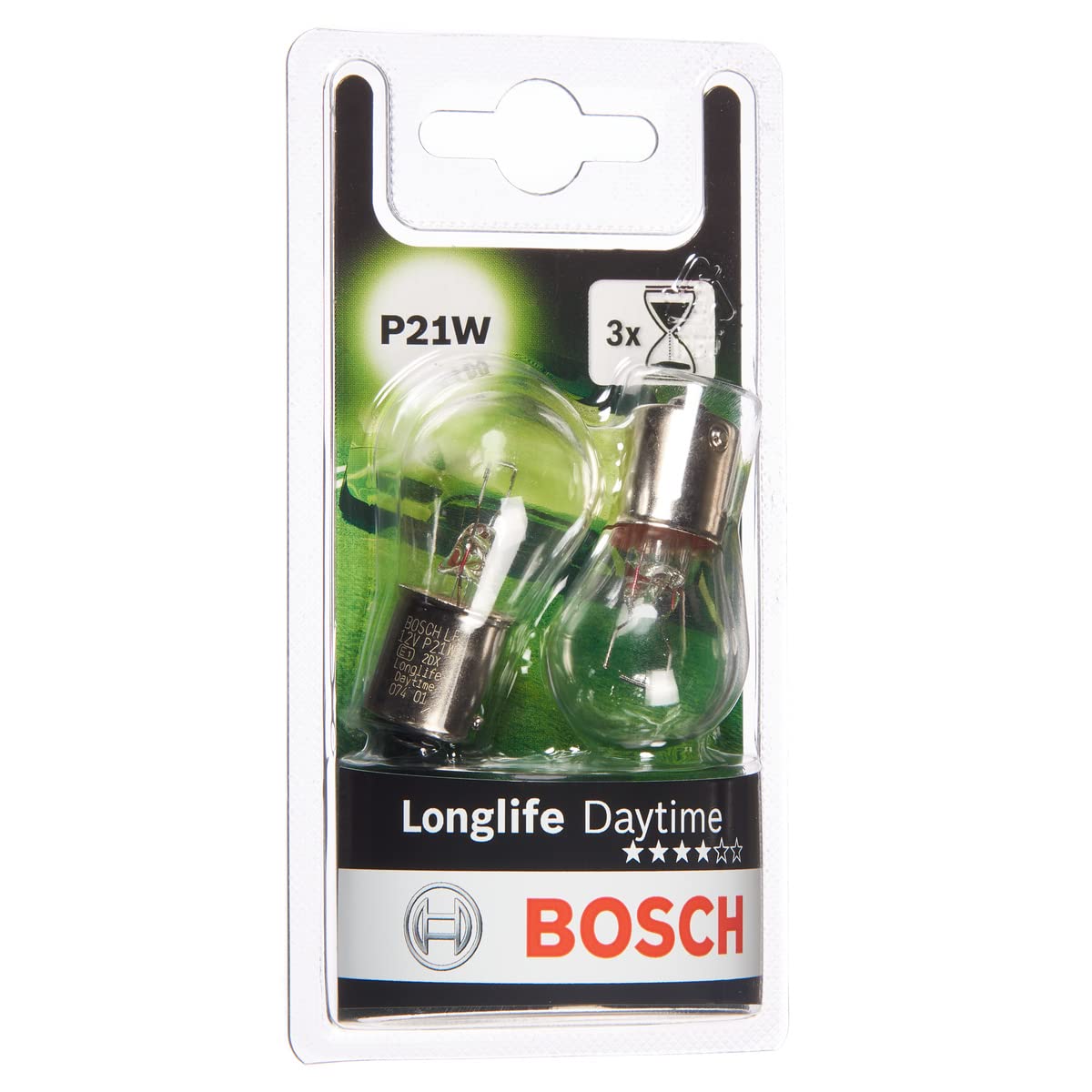 Bosch P21W (382) Longlife Daytime Halogen Headlight Bulbs, 12 V 21 W, Long-lasting - Socket Type BA15s - Pack of 2 Replacement Car Light Bulbs