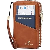 GOIACII Passport Wallet Travel Crossbody Bags for Women Wristlet Phone Purse Double Zip Vegan Leather Brown