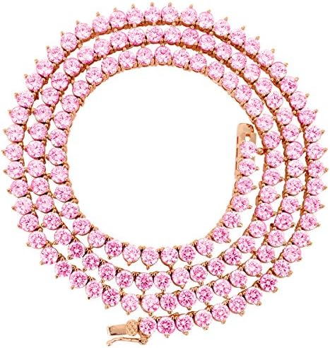 JuwlCity Mens One Row Lab Simulated Diamond 3 MM Thick 3 Prong Stone Tennis Necklace Chain 18-36 Inches Silver Gold Black Pink Yellow
