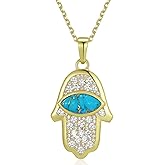TUNGSTORY Turquoise Hamsa Necklace - 14K Gold Plated Evil Eye Hamsa Pendant Necklace for Women Turquoise/Black Onyx Hand of Fatima Necklace with Cubic Zirconia