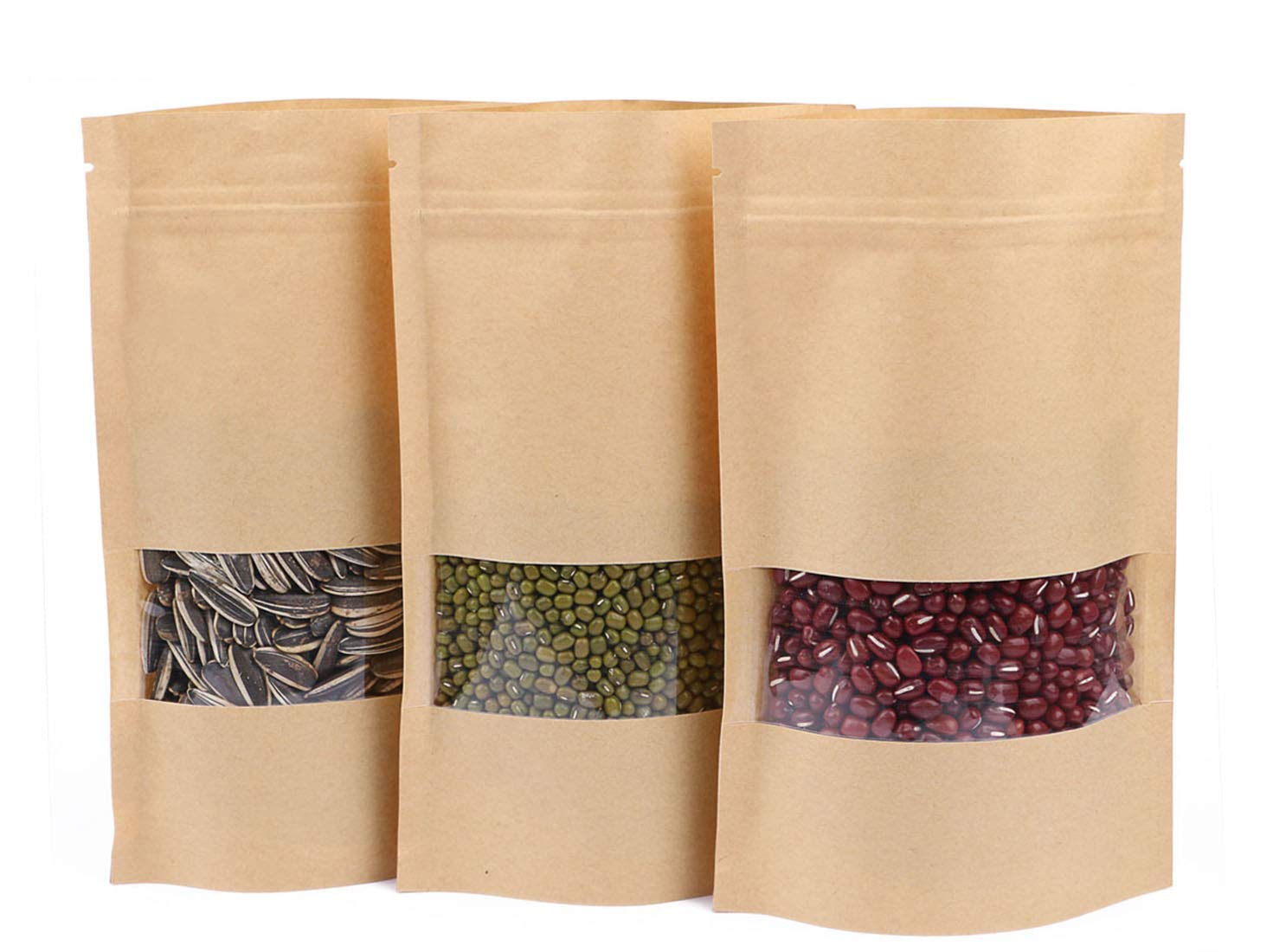 Dproptel 50 Pack Reusable Ziplock Grip Standable Seal Bags Waterproof Brown Kraft Paper Stand Up Pouch with Transparent Window Food Storage Pouches Packing Bag (14X22CM)