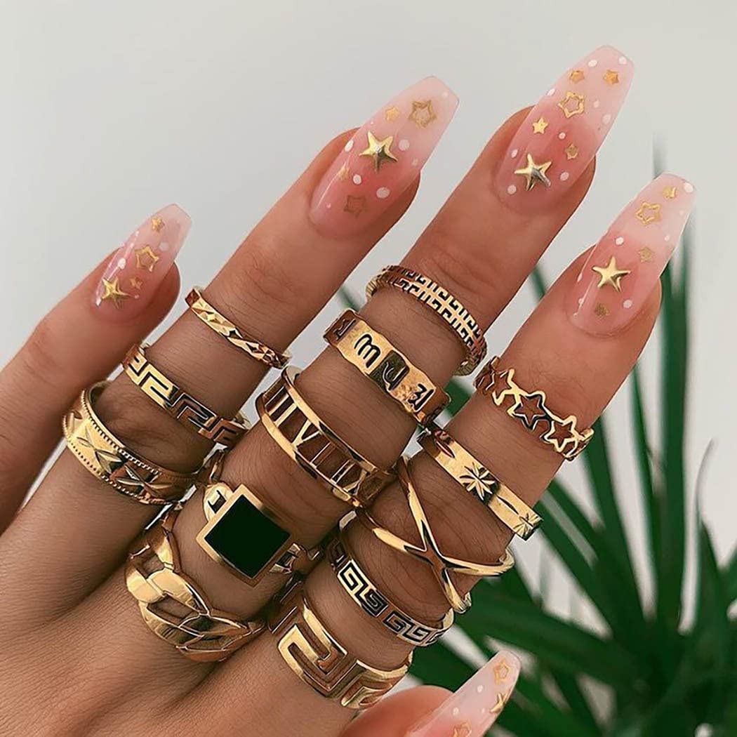 Wedity Crescent Ring Set Geometry V-shape Star Moon Lotus Crystal Finger Joint Rings Stackable Knuckle Rings Jewelry for Women and Girls (D)
