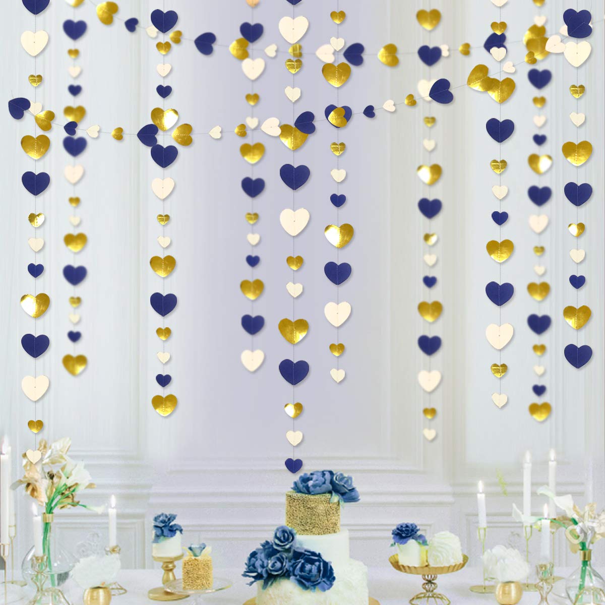 52Ft Navy Blue Gold Party Decorations Hanging Paper Heart Bunting Banner Garland Streamer for Valentine's Day Bachelorette Engagement Wedding Birthday Bridal Baby Shower Anniversary Graduation Decor