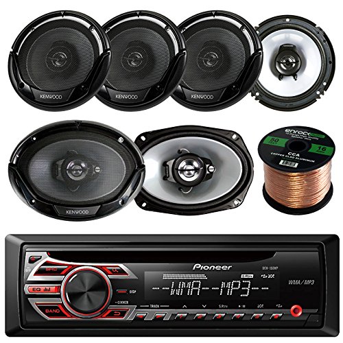 Pioneer DEH150MP Single Din Car Receiver- Bundle With 2 x Kenwood KFC1665S 6.5" 2-Way Black Car Speakers (2 pairs) + Kenwood KFC6965S 6x9" Car 3-Way Speakers + Enrock 50Ft 16 Gauge Wire