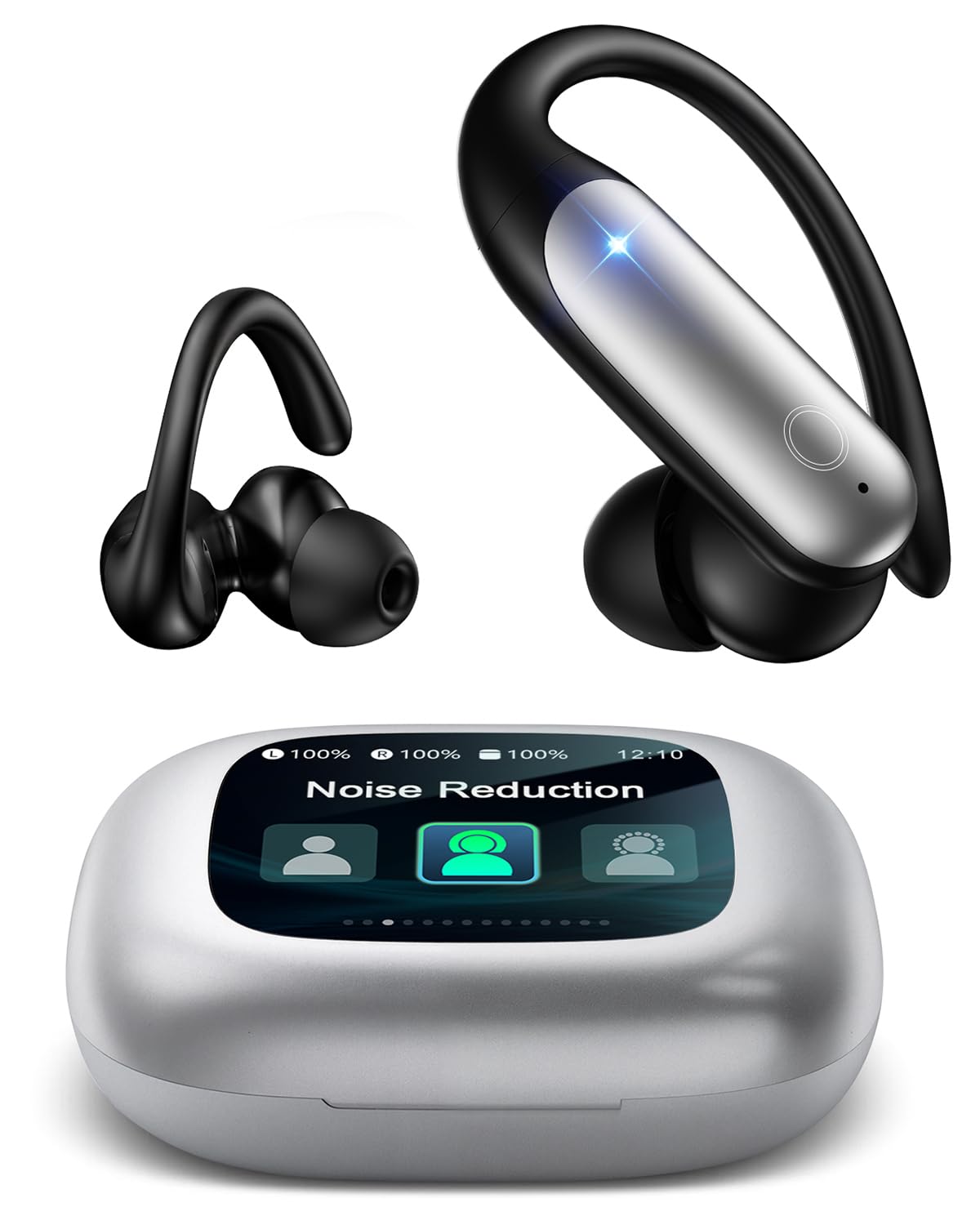 LEEMC Wireless Earbuds, Bluetooth Headphones 6.0, Ear Buds with Touch Screen, ANC ENC Noise Cancelling, 40H Bass Stereo Sound Over-Ear Earphones for iOS, Android, Sports, Workout，Silver Image