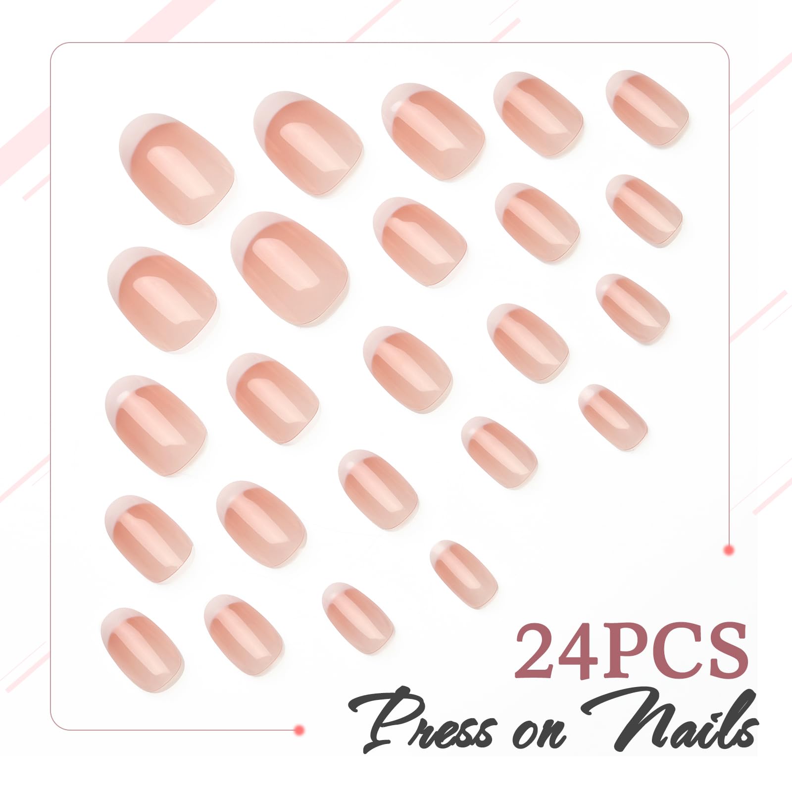 Artquee French Tips Press on Nails Short Clear Pink Fake Nails Oval Cute Acrylic False Nail Full Cover Glossy White Edge Designs Stick on Fingernails for Women 24PCS - Image 5