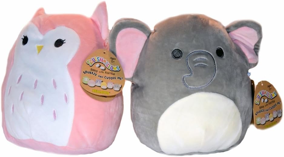 Squishmallows Baby Stuffed Animal Toy with Rattle 2 PACK -8 Inch Emma the Baby Elephant and Olive the Baby Owl