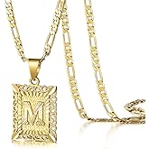 KissYan Initial Letter Pendant Necklace for Men Women, 14K Gold Plated Square Capital Monogram Necklace Alphabets from A-Z Figaro Chain Jewelry