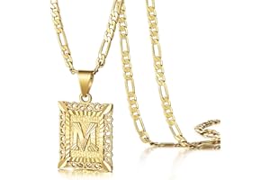 KissYan Initial Letter Pendant Necklace for Men Womens, 18K Gold Plated Square Capital Monogram Necklace Alhpabets from A-Z Figaro Chain Necklace