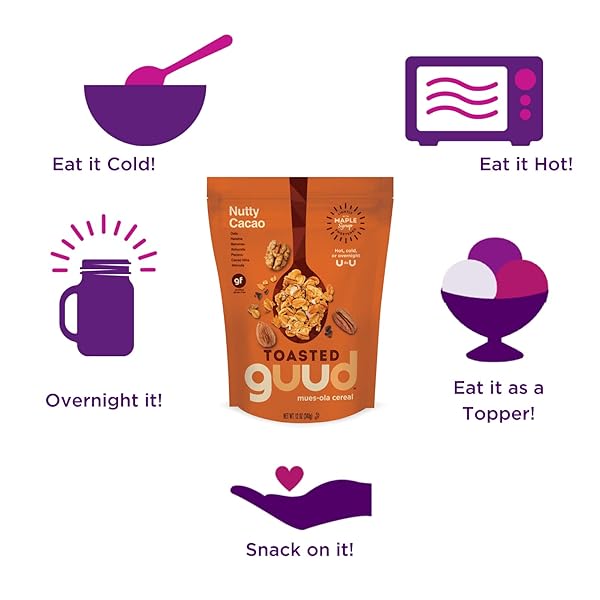 GUUD NUTTY CACAO TOASTED MUESOLA CEREAL, 12 OUNCE, SLIGHTLY SWEET MUESLI, GLUTEN FREE, OATS, RAISINS, BANANAS, ALMONDS, PECANS, CACAO NIBS, WALNUTS, VEGAN, NON-GMO CERTIFIED, KOSHER