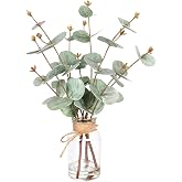 Velener Faux Eucalyptus Stems in Vase with Faux Water, Fake Plants Artificial Eucalyptus Plant for Home Decor, Kitchen Bathroom Farmhouse Living Room Coffee Table Centerpieces for Tables Green-1 Pack