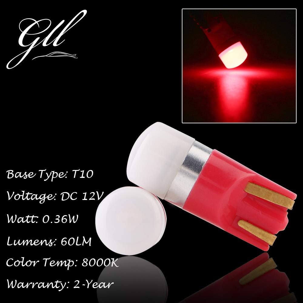 GLL T10 LED Bulbs Red W5W 501 LED Bulbs 3030-1SMD with Lens 60 Lumens for Car LED Lights Bulbs Side Light Bulbs Number Plate Light Parking Light Interior Light (Pack of 10) - Image 4