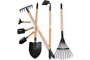 CHEERBANK 7PCS Kids Gardening Tools, Long Shovel, Rake for Leaves, Spade, Hoe, Steel Heads & Real Wood Handle, Yard Tools for Children Toddlers Gifts