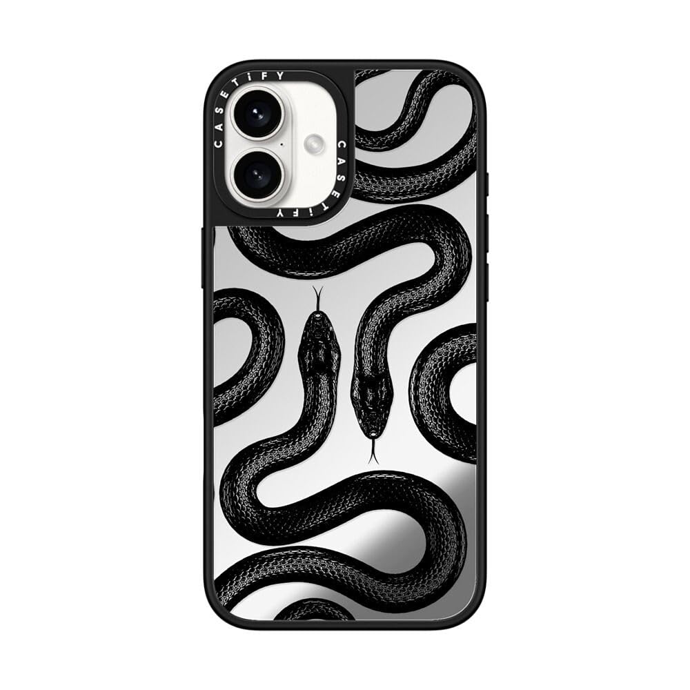 CASETiFY Mirror iPhone 16 Plus Case [Reflective / 4.9 ft. 1X Military Grade Drop Protection/Compatible with Magsafe] - Black Kingsnake - Silver on Black